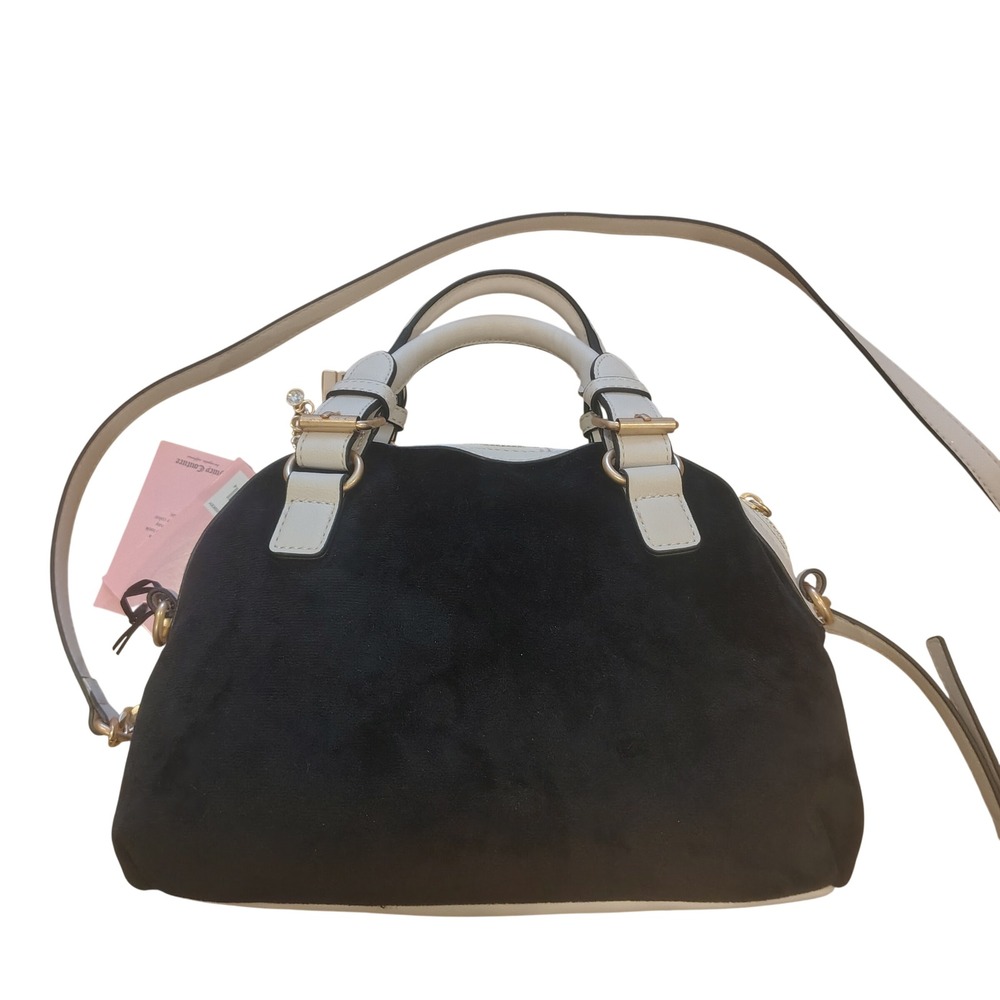 Juicy Couture Black Velour Satchel Bag White‎ Trim Gold Crown Logo Crossbody NEW - Picture 3 of 7